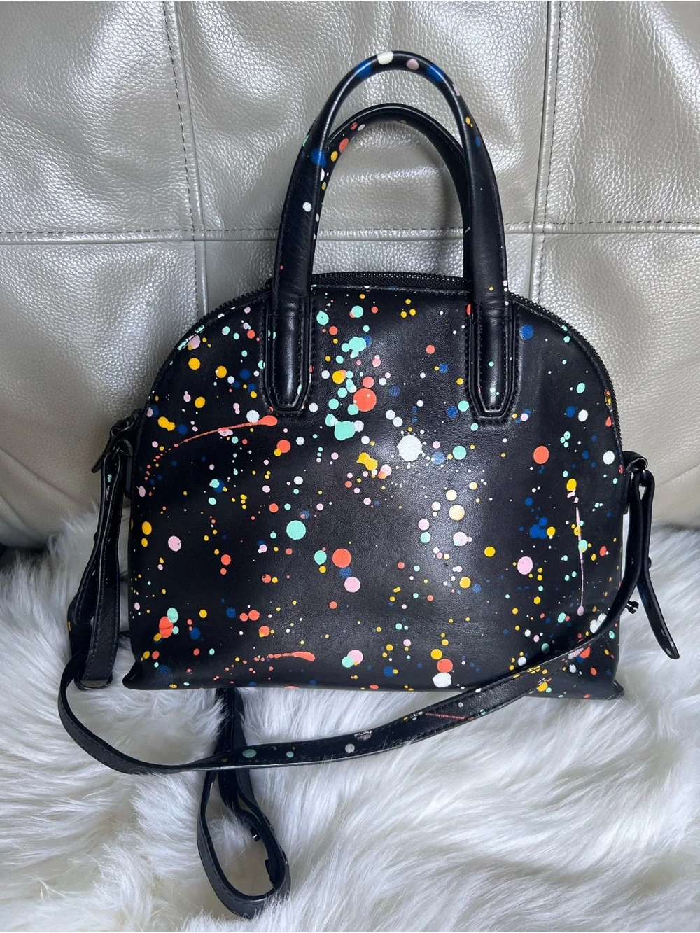 Loeffler Randall Dome Splatter Paint Leather Satchel Black With Tassels Chic